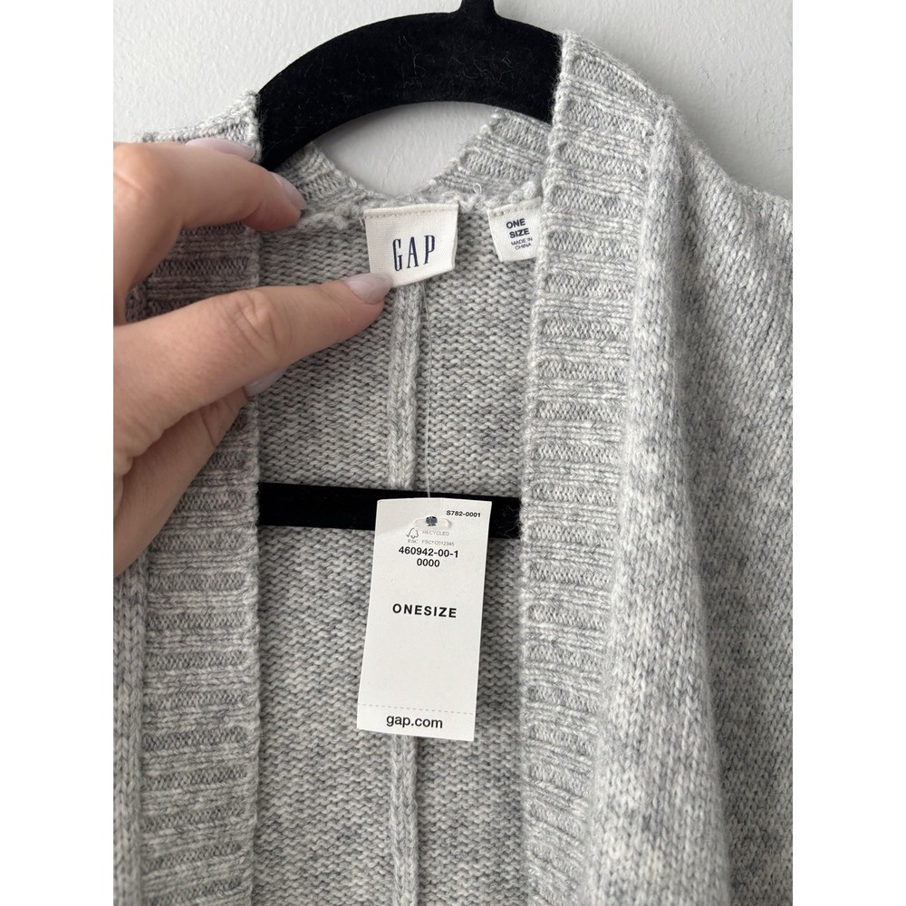 GAP Grey Knit Wool Blend Poncho Sweater Cream and Blue Stripes OS Cottagecore - Picture 6 of 10